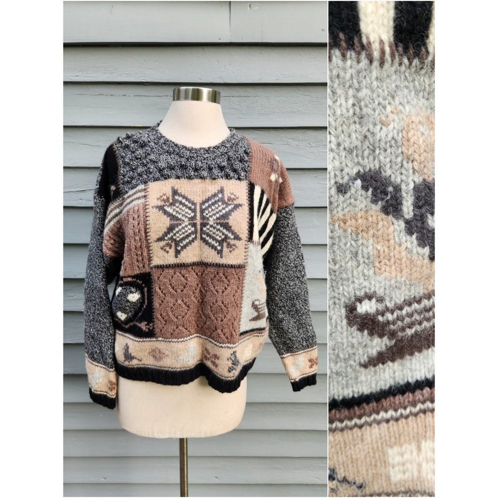 Eddie Bauer Sweater Multicolor Patchwork Wool Nordic Snowflake 1993 Vintage Md